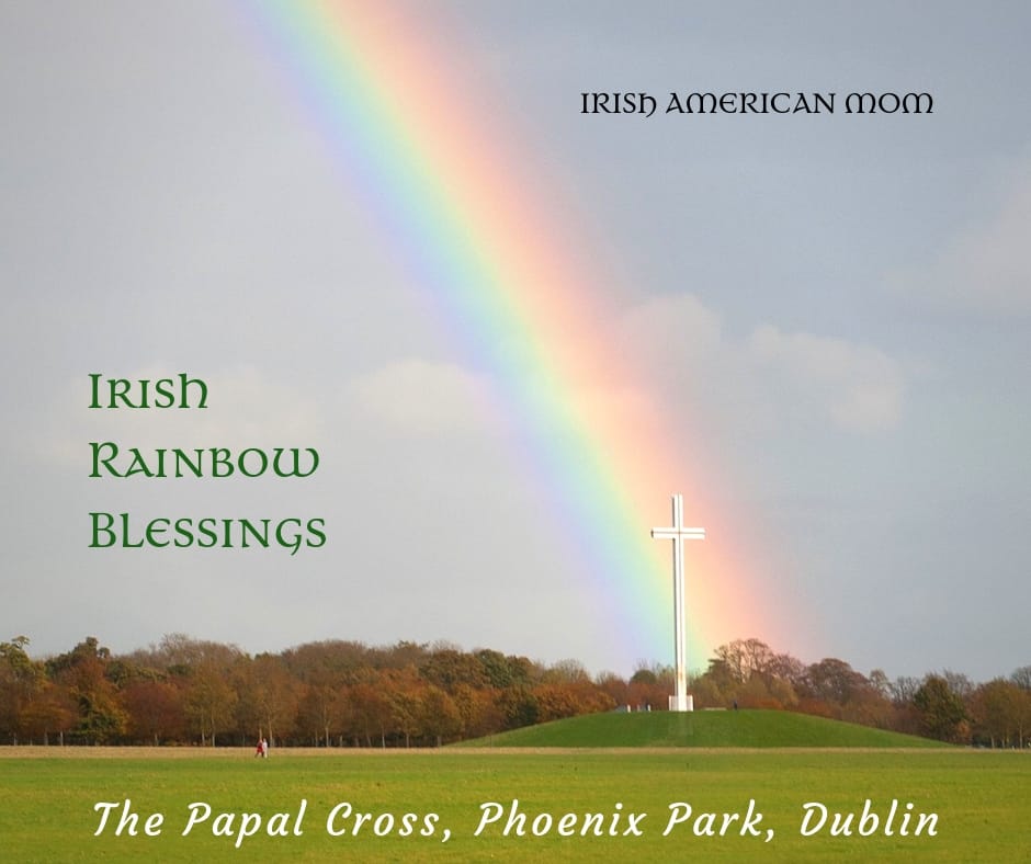 Rainbow's end falling on the Papal Cross in Phoenix Park Dublin