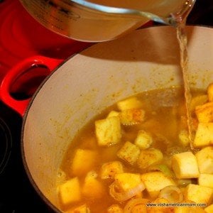 Broth being poured into a pot of parsnip and apple soup
