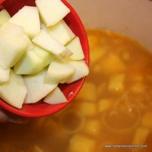 Chopped apple being added to stock for parsnip and apple soup