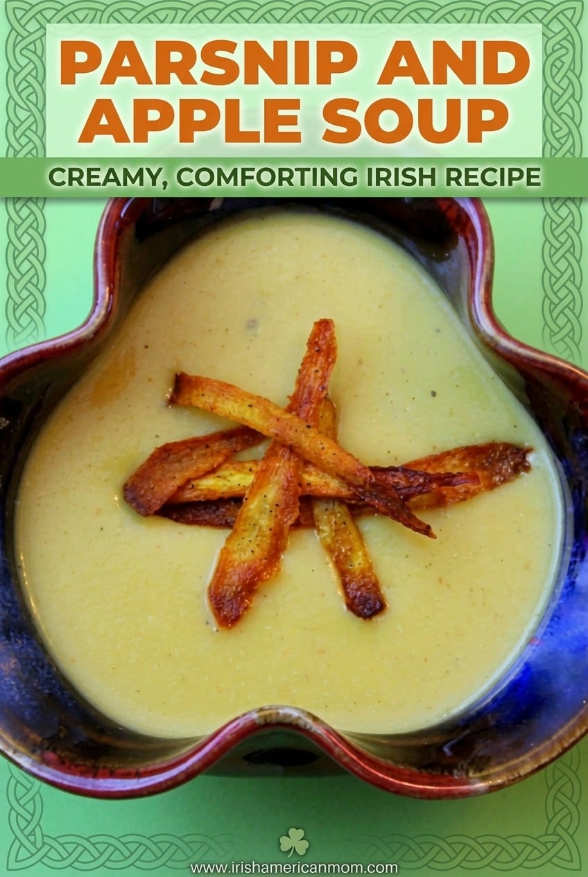 Celtic-styled single-image poster of creamy parsnip and apple soup in a rustic bowl, with a text banner and Celtic knotwork border.