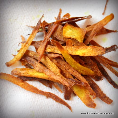 Parsnip chips on paper towel | Irish American Mom Parsnip chips on paper towel