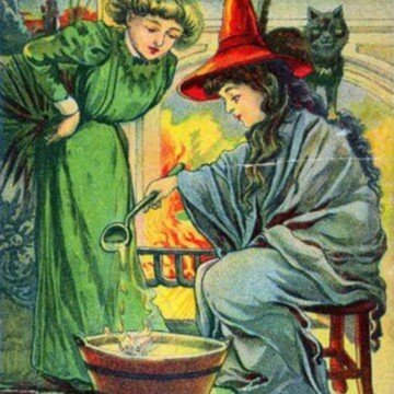 Two Victorian women dressed as witches stir a large pot in this vintage style image