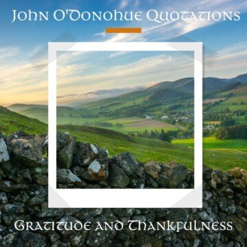 Fields and stone walls in Ireland with a white picture frame and text overlay