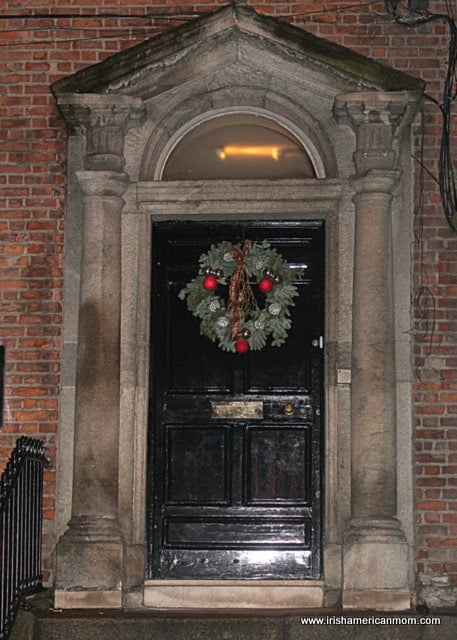 Doors of Dublin with Christmas Wreath | Irish American Mom https://www.irishamericanmom.com/2014/12/25/christmas-lights-in-dublin/