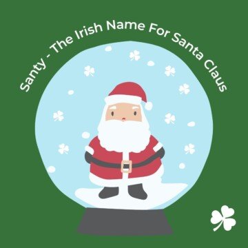 Santa Claus in a snow globe with an arc of text above and a shamrock to the side