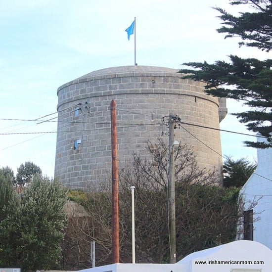 The Dalkey Martello tower with a blue flag on top