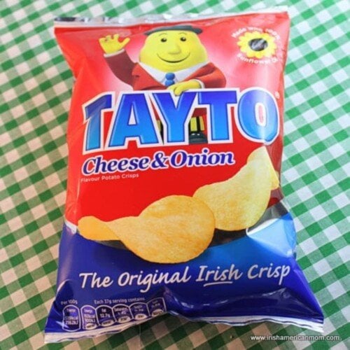 A packet of Tayto cheese and onion crisps | Irish American Mom A red and blue package of potato chips