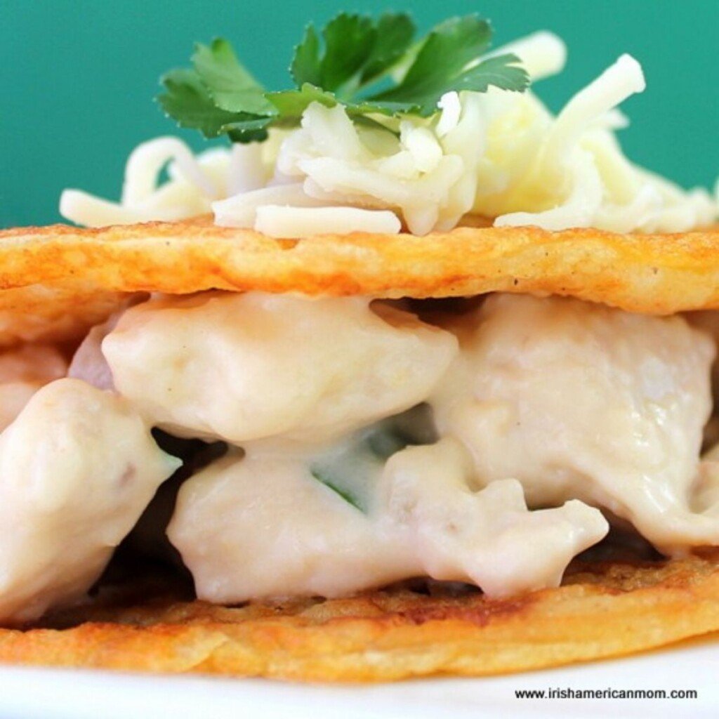 Chiciken and mushroom stuffed boxty Irish potato pancakes | Irish American Mom Creamy chicken filling in a pancake