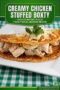 Golden Irish boxty pancake filled with creamy chicken pieces and sauce, topped with cheese and herbs, served on a plate over a green checkered cloth with an uper text banner in green and white.
