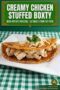 Single-image Celtic-styled poster of creamy chicken stuffed boxty: a golden potato pancake folded around a rich cream sauce filling, garnished with herbs, on a rustic Irish linen background with upper text banner in green, white and amber tones.