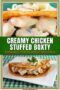 Two-panel Celtic-styled collage with central text banner; lower panel shows golden stuffed boxty folded around a creamy chicken filling and the upper panel features a close-up of the rich white cheddar cream sauce interior.