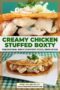 Two image collage with central text banner in green, cream and amber tones, featuring Irish boxty potato pancake filled with creamy chicken and sauce, topped with shredded cheese and herbs, served on a plate with a green checkered cloth background.