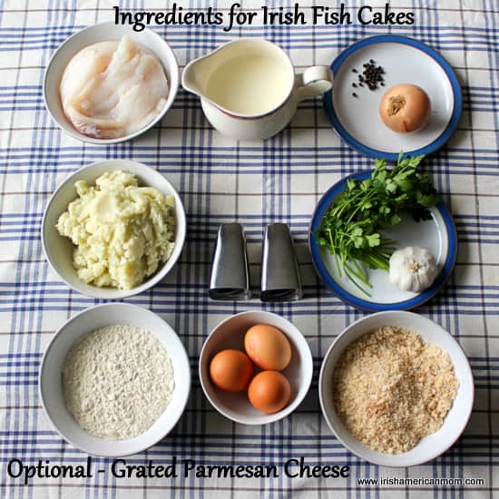 Ingredients for Irish Cod Fish Cakes | Irish American Mom Ingredients for Irish Cod Fish Cakes include fresh cod, potato, onion, peppercorns, parsley garlic, flour, eggs and breadcrumbs