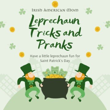 Graphic featuring two leprechauns holding a pot of gold with text overlay