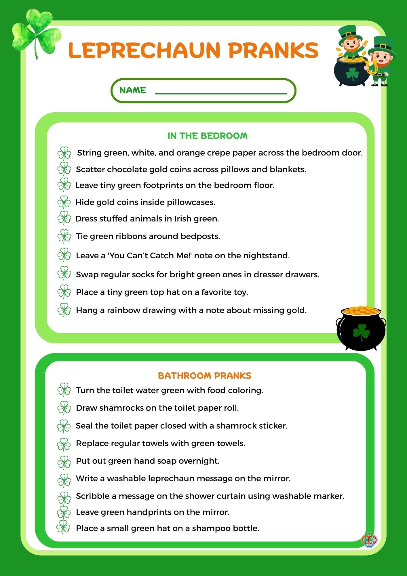 Festive printable titled “Leprechaun Pranks” listing bedroom and bathroom prank ideas with shamrock bullet points, green borders, cartoon leprechauns, and pot of gold illustration.