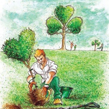 Cartoon image of a man planting a heart tree with a shamrock tree in the background