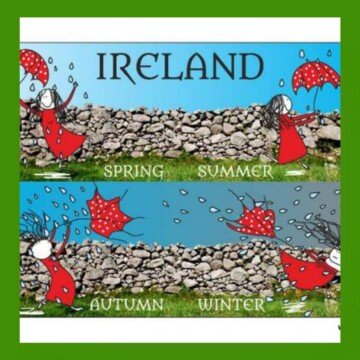 Cartoon women with umbrellas beside a stone wall