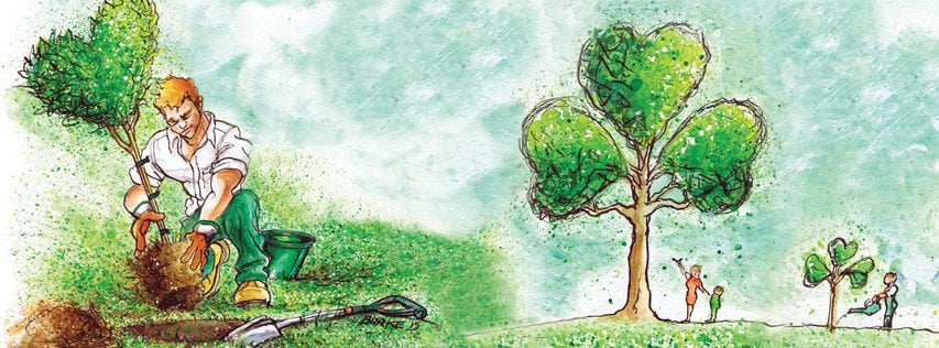 Planting a tree in Ireland | Irish American Mom A graphic showing a shamrock shaped tree growing and a man planted a heart shaped tree in Ireland
