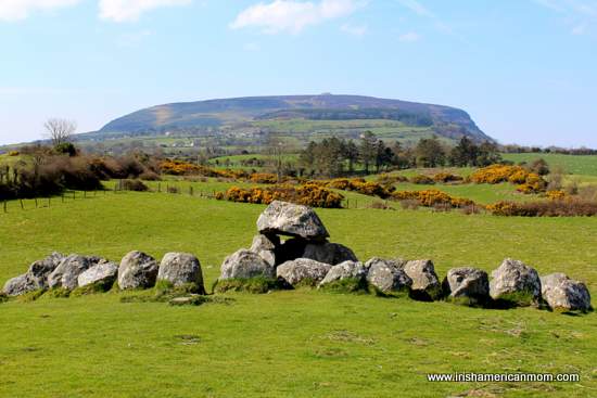 Knocknarea as seen from the dolmen at Carrowmore | Irish American Mom https://www.irishamericanmom.com/2015/04/29/knocknarea-and-queen-maeve-of-connacht/