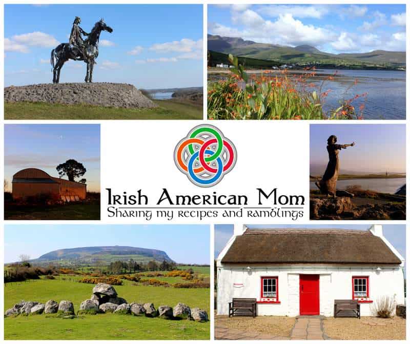 Irish American Mom Picture Collage with Logo | Irish American Mom Statues, mountains, coastline and thatched cottage Irish collage