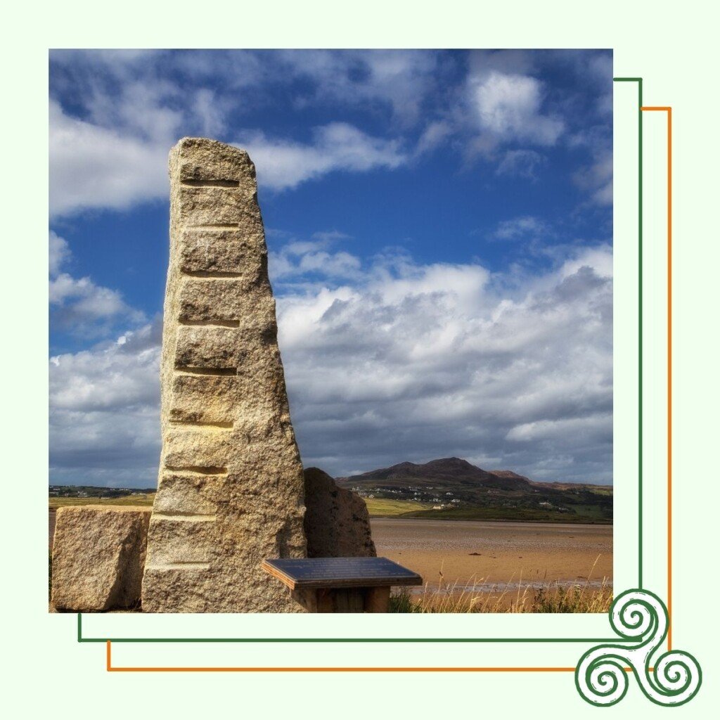 Standing stone in a field in a graphic with a Celtic knot