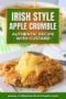 A serving of apple crumble topped with creamy custard being poured over it, showing a golden crumb topping and soft baked apples on a plate with text banner in green cream and amber tones.