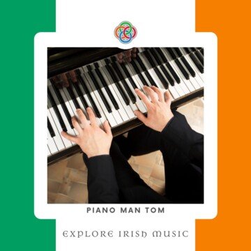 Hands playing a piano on a graphic with Irish flag border and text overlay