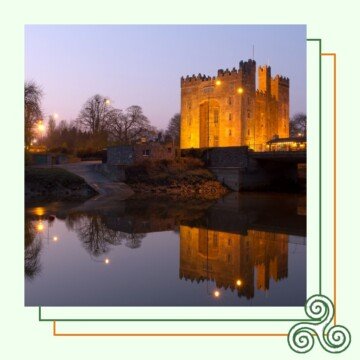 Stone castle with orange lights at night on a graphic with a Celtic knot symbol