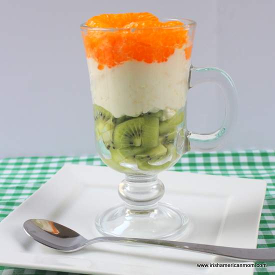 Green, white and orange Irish flag fruit and cream parfait. | Irish American Mom Green, white and orange Irish flag fruit and cream parfait.