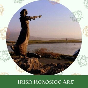 Roadside sculpture of woman on a graphic with Celtic symbols and text overlay