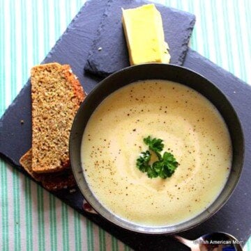 Aerial shot of a bowl of traditional Irish potato soup | Irish American Mom