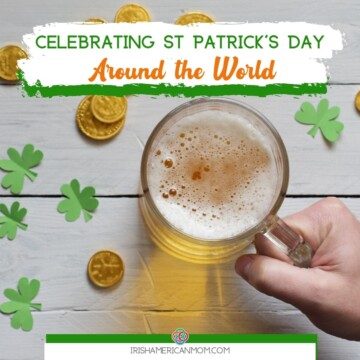 Glass of beer with coins, shamrocks and text banner