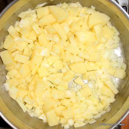 Sweating onions and potatoes for Irish potato soup | Irish American Mom Sweating onions and potatoes for Irish potato soup