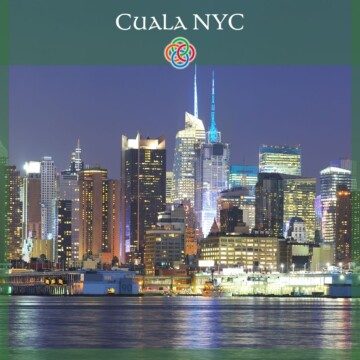 City skyline at night with text banner