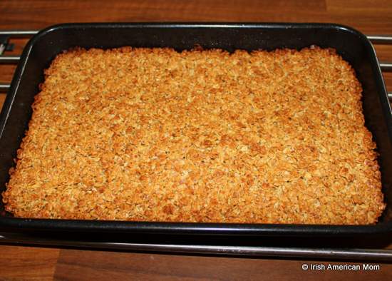 Irish oat flapjacks in a pan just out of the oven | Irish American Mom Irish oat flapjacks in a pan just out of the oven