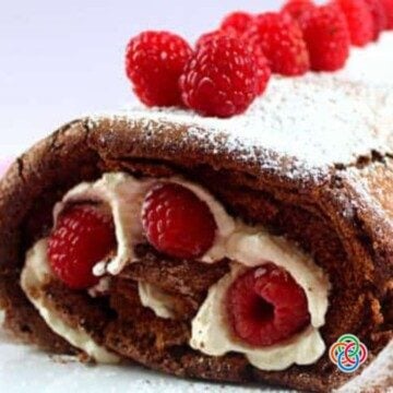 Chocolate roll cake with raspberries