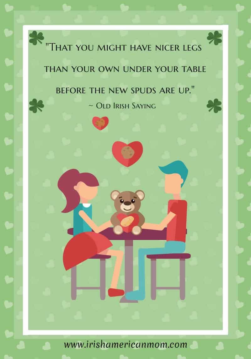 legs-under-your-table | Irish American Mom Text n a green graphic featuring a cartoon couple sitting by a table with a bear, hearts and shamrocks