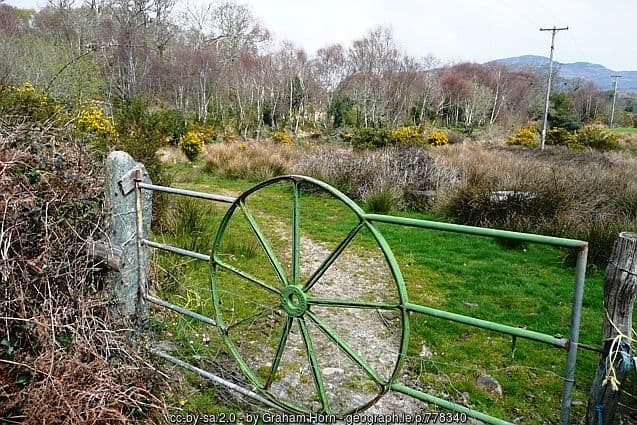 an-old-wheel-frame-as-an-iron-gate | Irish American Mom A metal gate with an old wheel frame painted green
