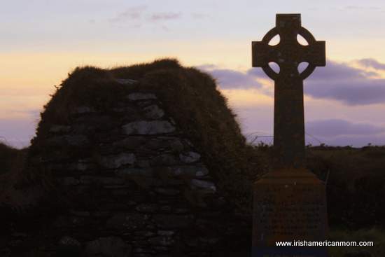celtic-cross-and-crypt-at-myross-graveyard-west-cork-ireland-at-twilight | Irish American Mom https://www.irishamericanmom.com/2016/09/18/taphophiles-and-graveyard-seats-guest-post-by-mattie-lennon/