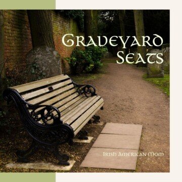 Bench in a graveyard with text overlay