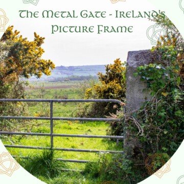A metal gate beside a field with text overlay