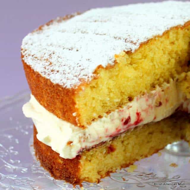 victoria-sponge-with-cream-and-raspberry-jam | Irish American Mom Inside of a sponge sandwich cake with jam and cream