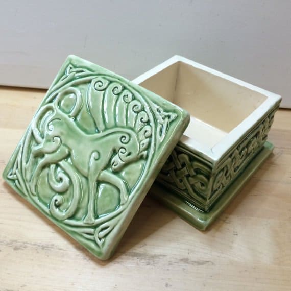 celtic-ceramic-trinket-or-jewelry-box-with-horse-design | Irish American Mom Green ceramic trinket box with Celtic Horse and Celtic scrolling