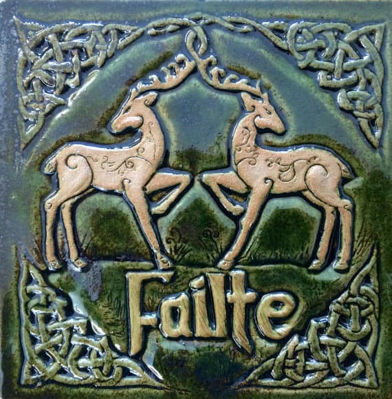 celtic-design-home-welcome-tile-plaque | Irish American Mom Green welcome tile with Celtic deer and Fáilte