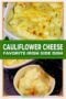 Creamy cauliflower cheese dishes in baking bowls, with a green banner reading 'Cauliflower Cheese—Favorite Irish Side Dish'