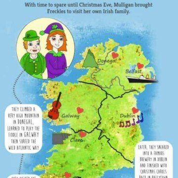 Cartoon characters in a bubble beside a map of Ireland