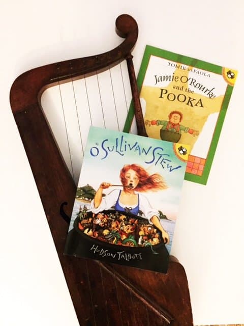 osullivans-stew-and-jamie-orourke-and-the-pooka | Irish American Mom Magical Irish themed children's books beside a harp