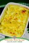 Cauliflower cheese casserole with text banner.