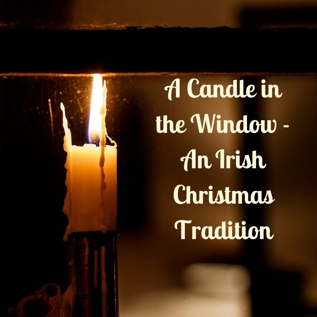 A candle flame seen through a window frame at night with text