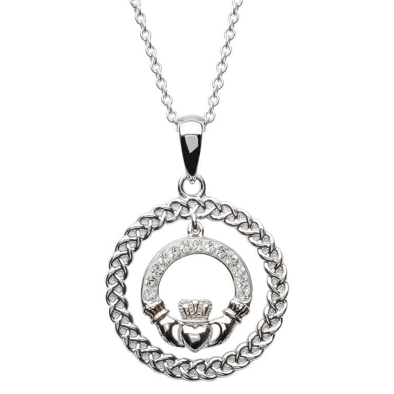 Claddagh pendant within a Celtic Knotwork outer circle on a silver chain